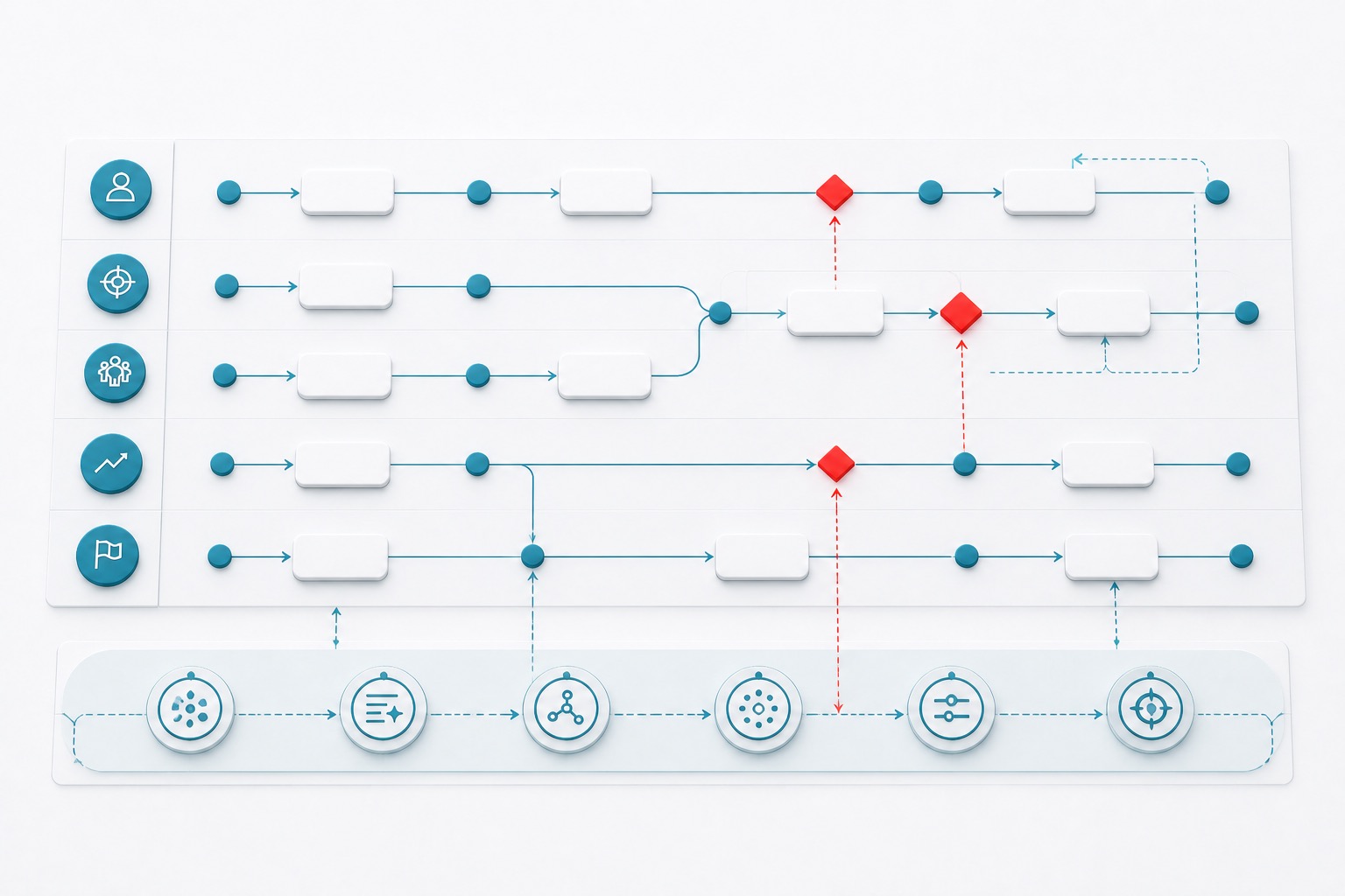 Abstract diagram showing business inputs moving through AI-assisted workflow paths