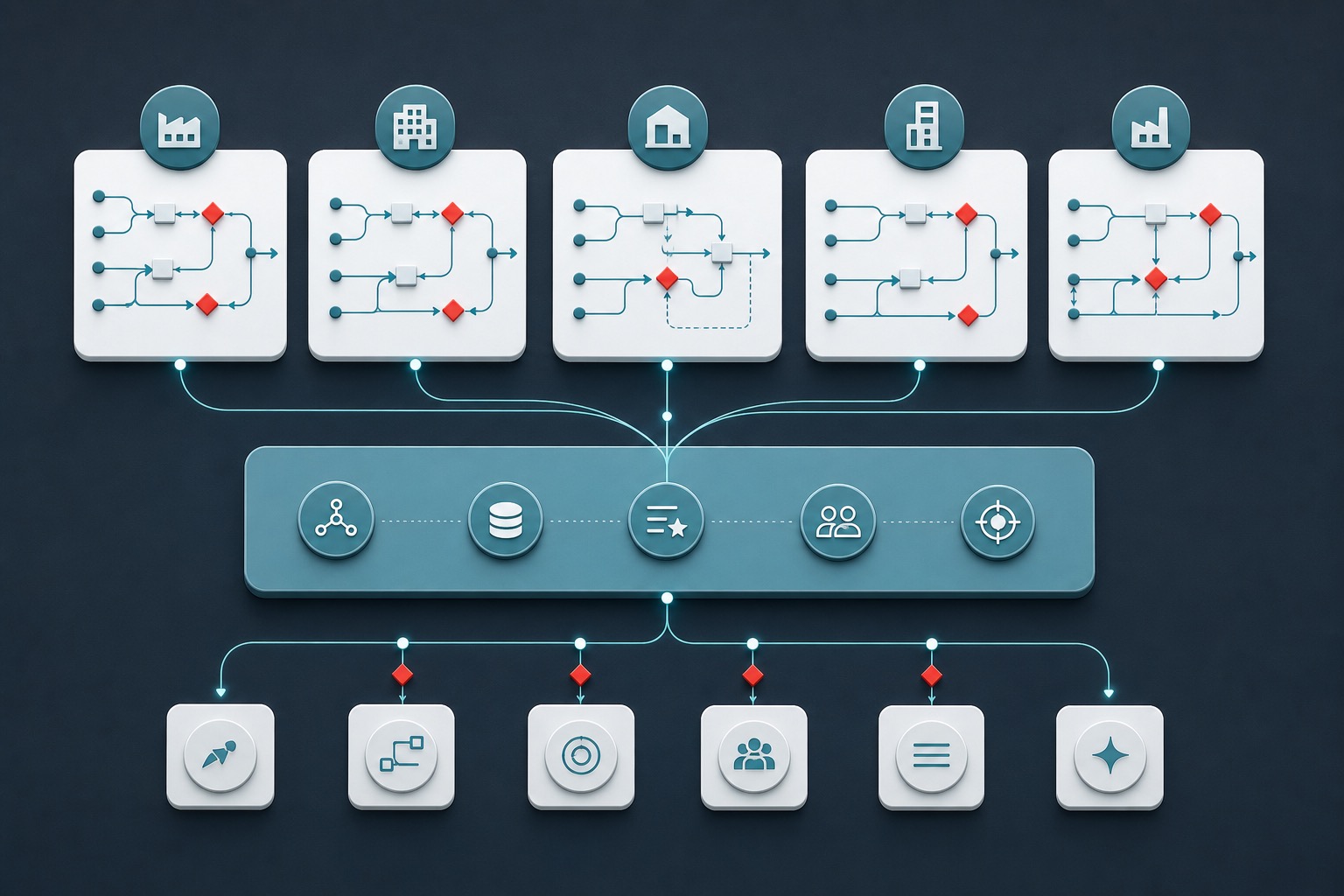 Portfolio operating intelligence diagram showing multiple company workflows connected to shared operating support