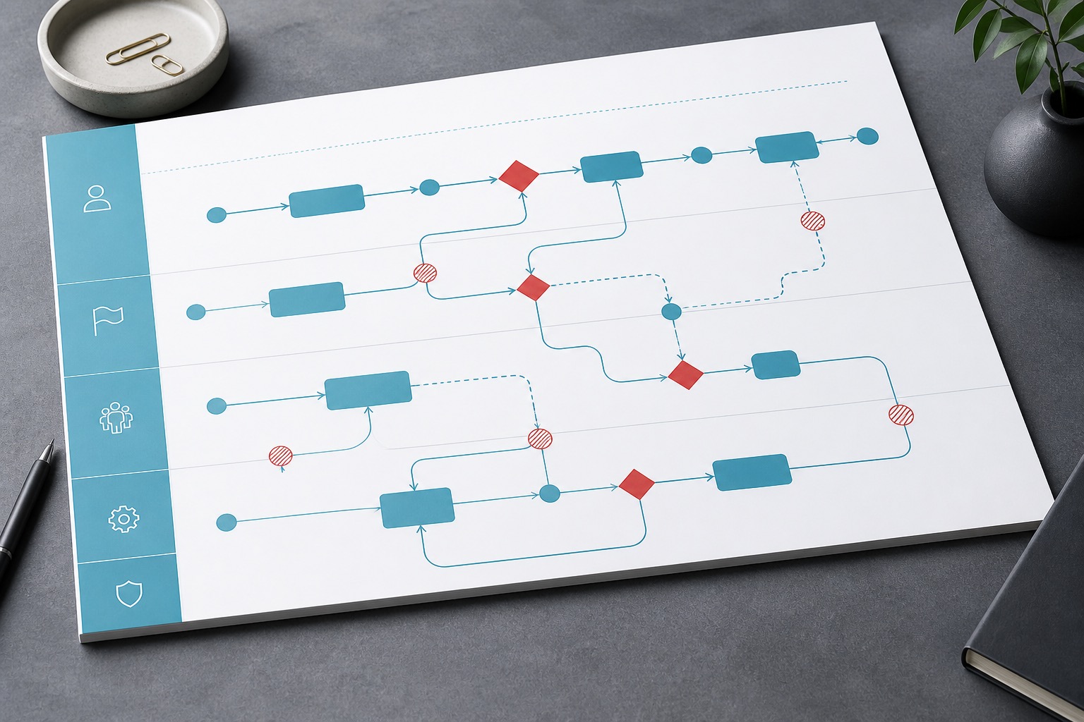 Workflow audit map with role lanes, decision points, and feedback paths